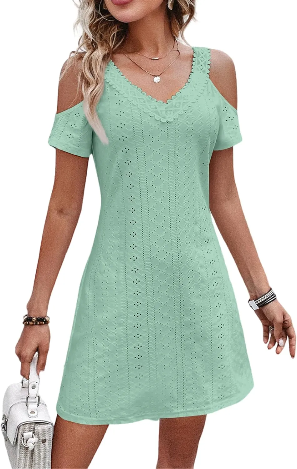 AELSON Womens Sexy Summer V Neck Dress Short Sleeve Off Shoulder Crochet A Line Dresses