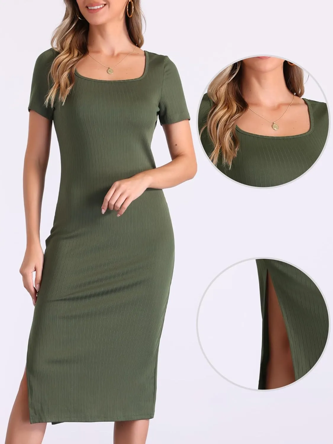 Allegra K Casual T-Shirt Dress for Women's 2025 Basic Square Neck Side Slit Bodycon Knit Midi Dress