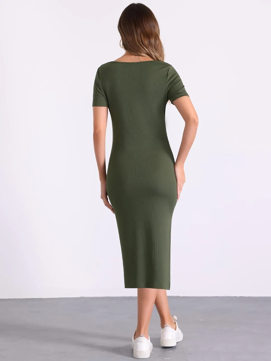 Allegra K Casual T-Shirt Dress for Women's 2025 Basic Square Neck Side Slit Bodycon Knit Midi Dress