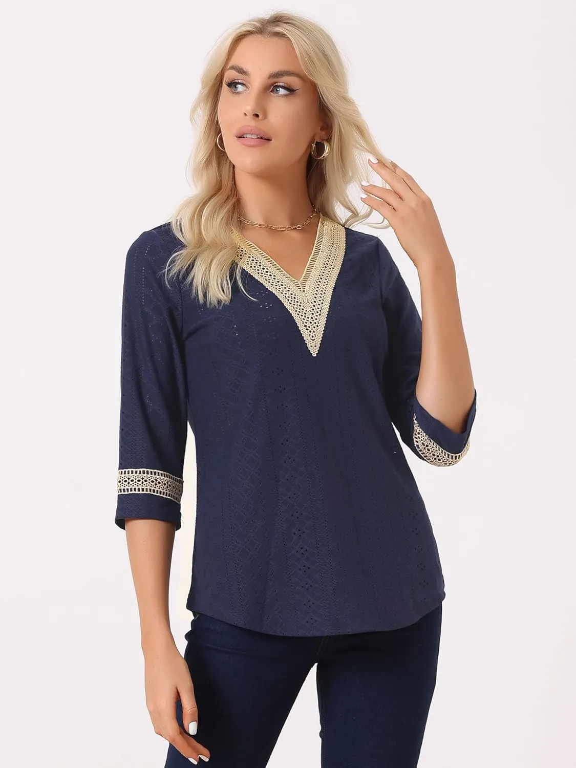 Allegra K Women's Dressy Casual Tops Boho Hollow Lace Trim 3/4 Sleeve Blouse