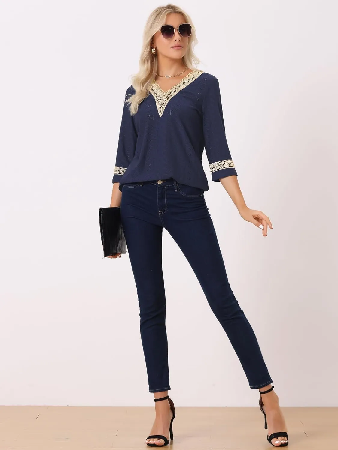 Allegra K Women's Dressy Casual Tops Boho Hollow Lace Trim 3/4 Sleeve Blouse