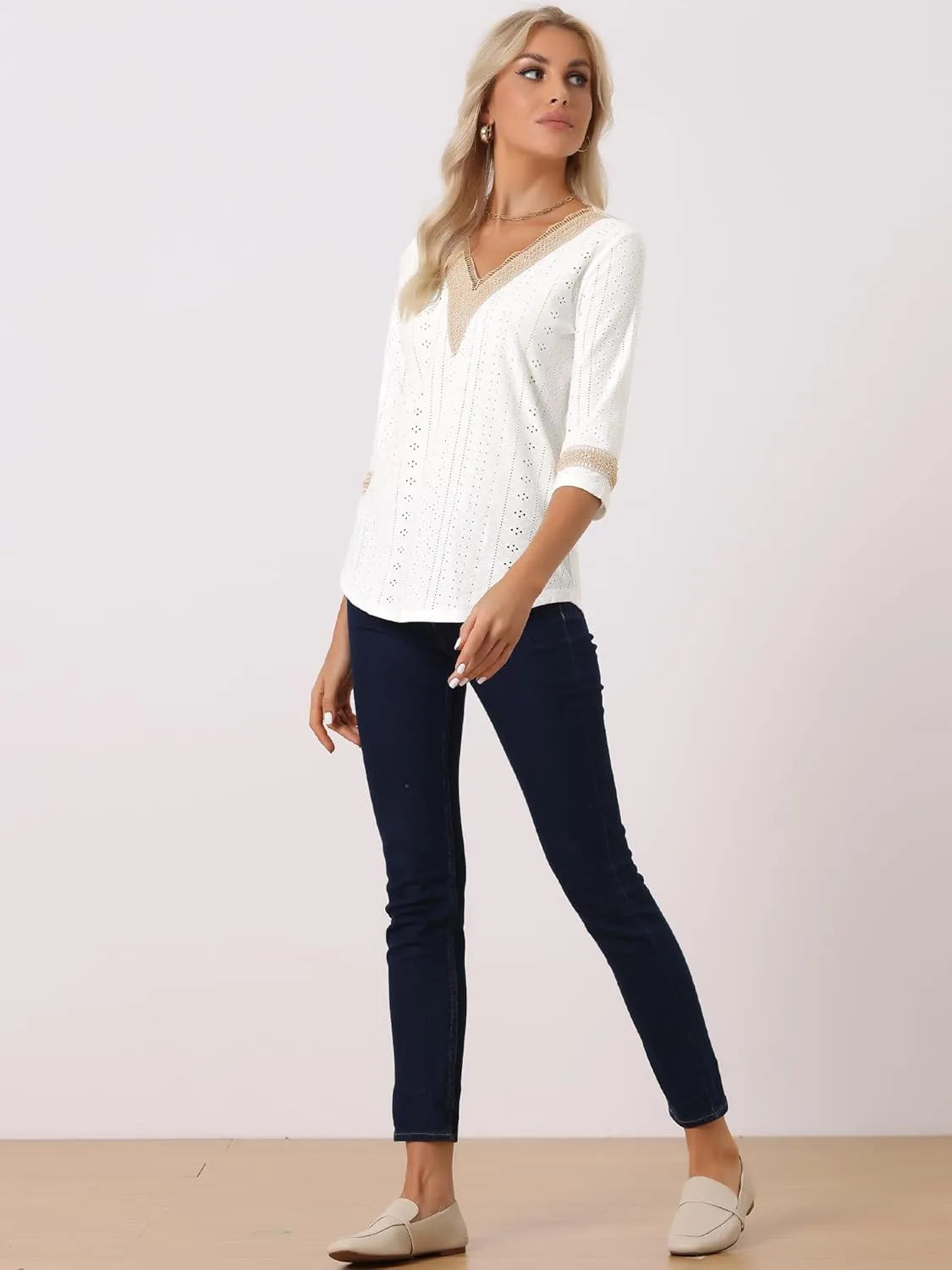 Allegra K Women's Dressy Casual Tops Boho Hollow Lace Trim 3/4 Sleeve Blouse