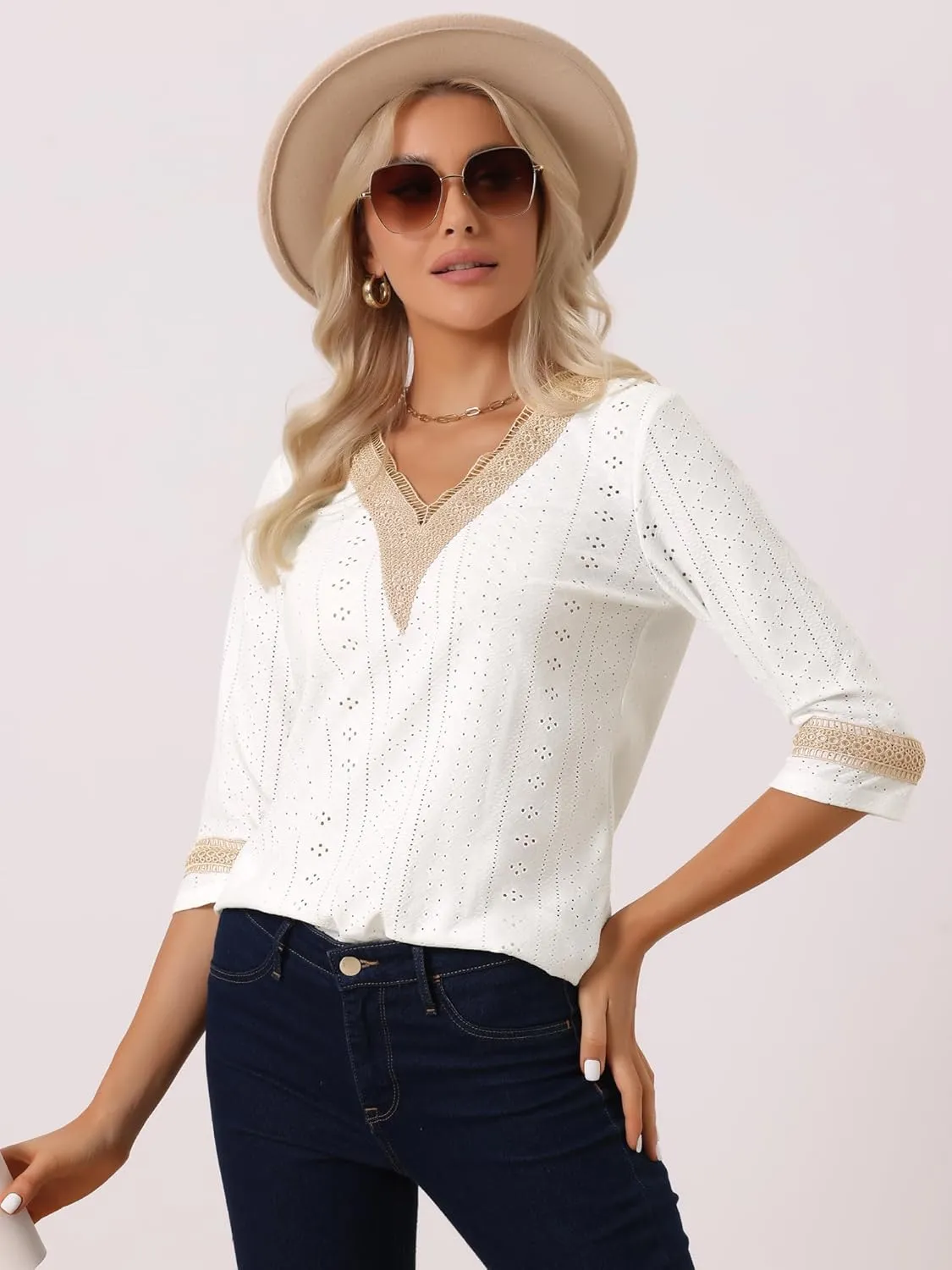 Allegra K Women's Dressy Casual Tops Boho Hollow Lace Trim 3/4 Sleeve Blouse
