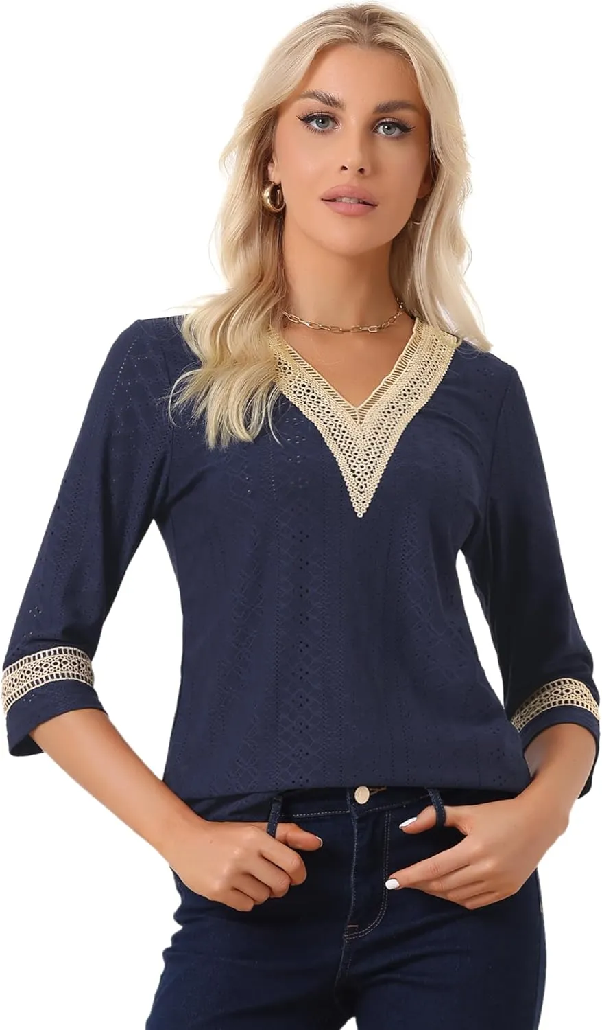 Allegra K Women's Dressy Casual Tops Boho Hollow Lace Trim 3/4 Sleeve Blouse