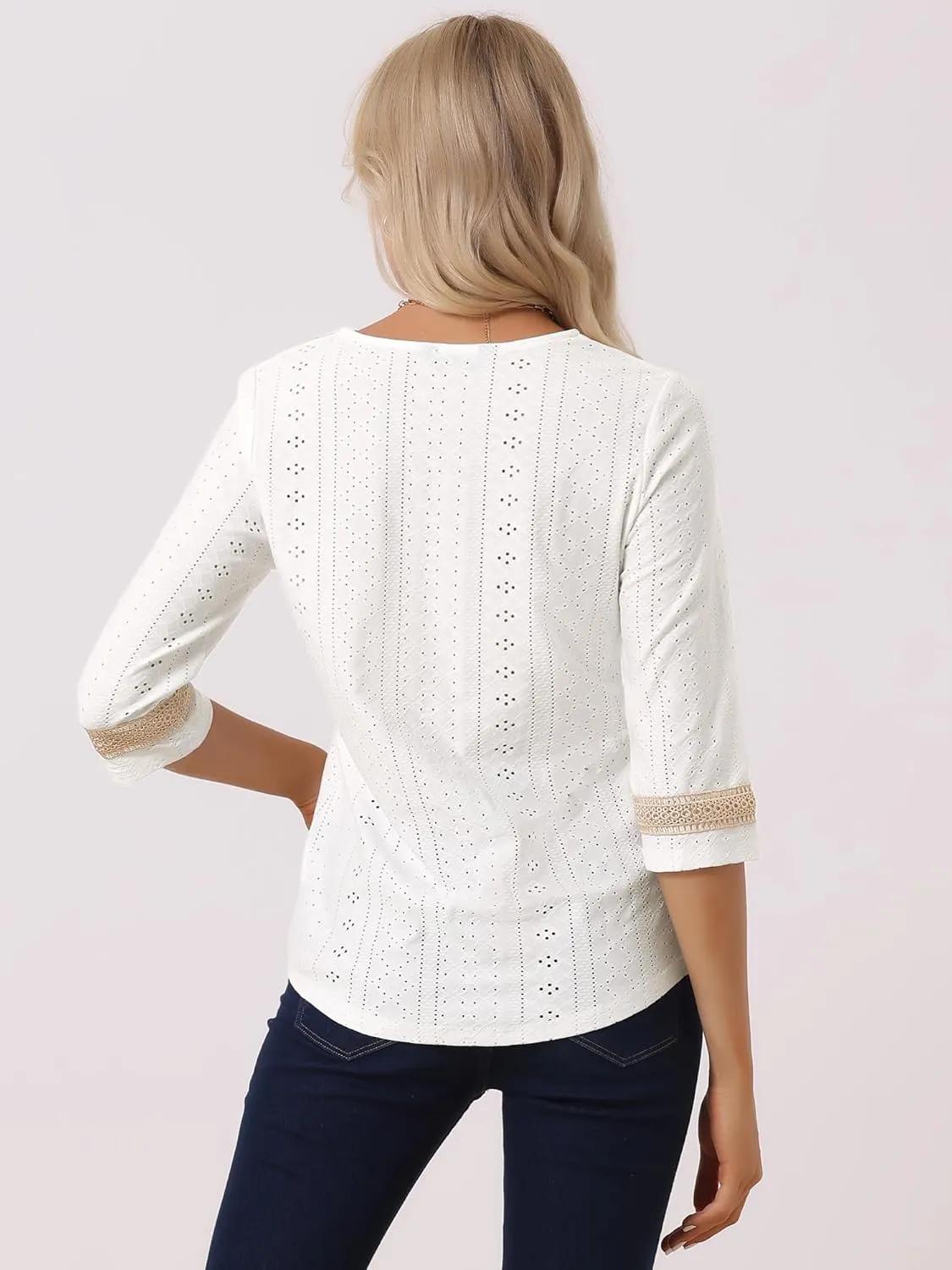 Allegra K Women's Dressy Casual Tops Boho Hollow Lace Trim 3/4 Sleeve Blouse