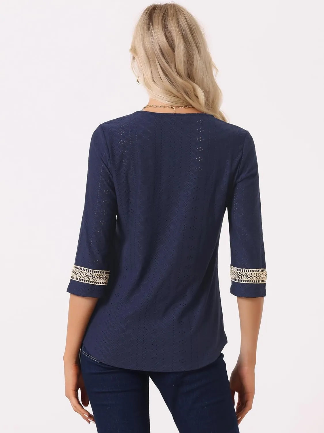 Allegra K Women's Dressy Casual Tops Boho Hollow Lace Trim 3/4 Sleeve Blouse