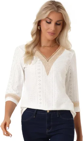 Allegra K Women's Dressy Casual Tops Boho Hollow Lace Trim 3/4 Sleeve Blouse