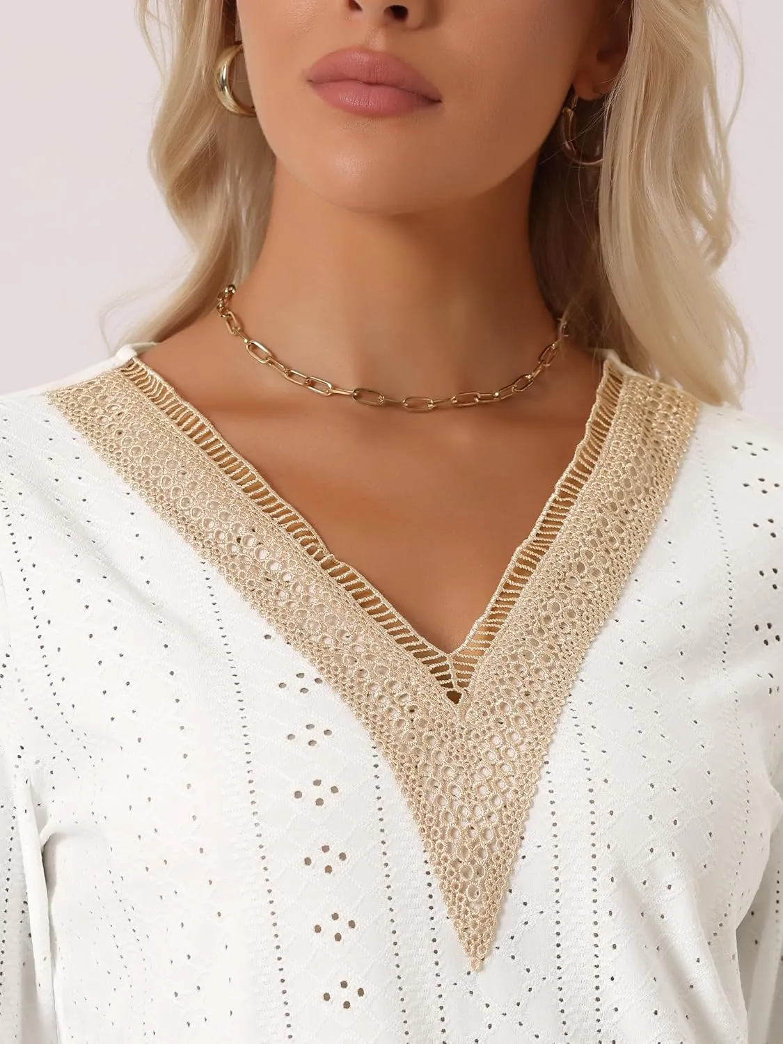 Allegra K Women's Dressy Casual Tops Boho Hollow Lace Trim 3/4 Sleeve Blouse