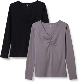 Amazon Essentials Women's Cinched V-Neck Long Sleeve Slim-Fit Rib-Knit T-Shirt, Pack of 2