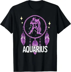 Aquarius Zodiac T-Shirt - Unisex-Adults, Unisex-Kids - Black - Small - Short Sleeve - T-Shirt