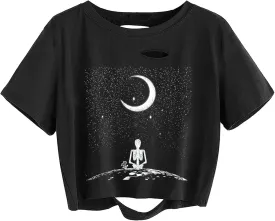 Avanova Women Skull Finger Graphic Distressed Tee Shirt Ripped Short Sleeve Crop Tops