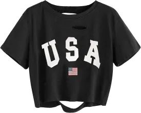 Avanova Women Tie Dye Graphic Ripped Tee Shirt Oversized Short Sleeve Distressed Crop Top