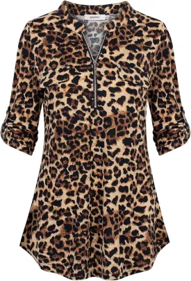 BEPEI Womens Floral 3/4 Sleeve Shirts Zip up V Neck Work Chiffon Blouses Top