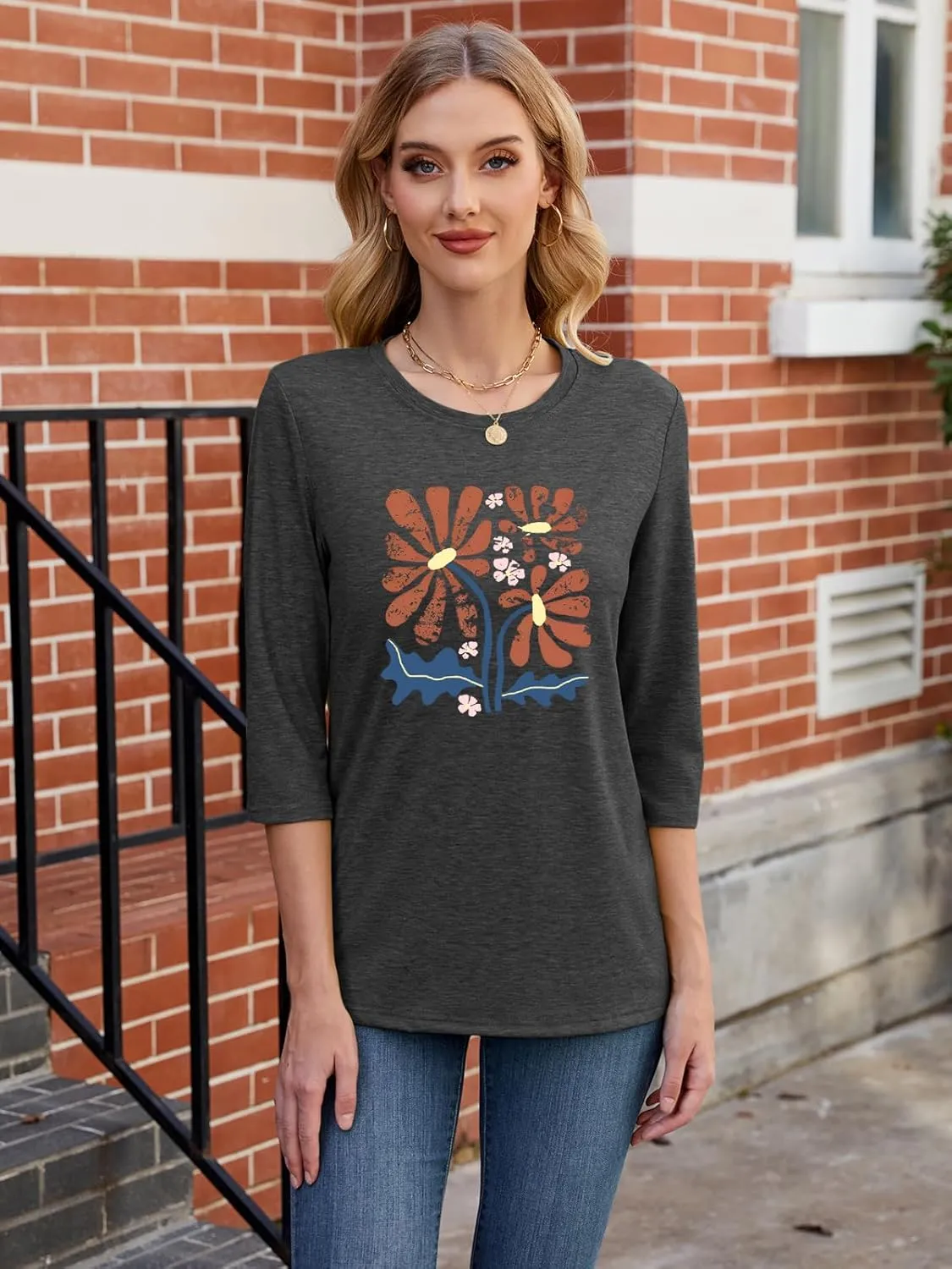 Chulianyouhuo Womens 3/4 Sleeve T Shirt Sunflower Graphic Tees Dandelion Flower Print Summer Casual Tops Blouse