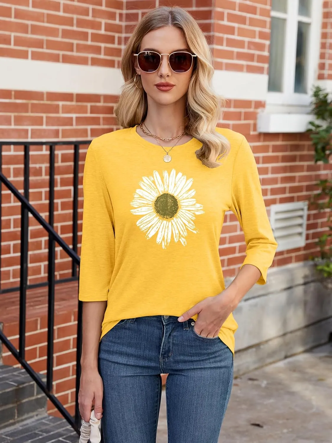 Chulianyouhuo Womens 3/4 Sleeve T Shirt Sunflower Graphic Tees Dandelion Flower Print Summer Casual Tops Blouse