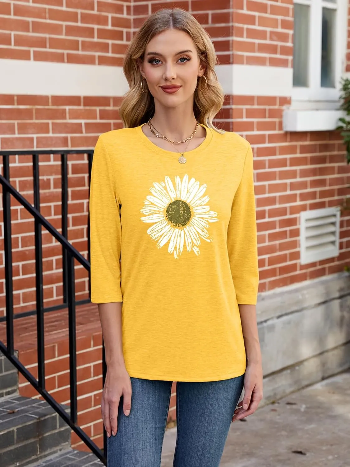 Chulianyouhuo Womens 3/4 Sleeve T Shirt Sunflower Graphic Tees Dandelion Flower Print Summer Casual Tops Blouse