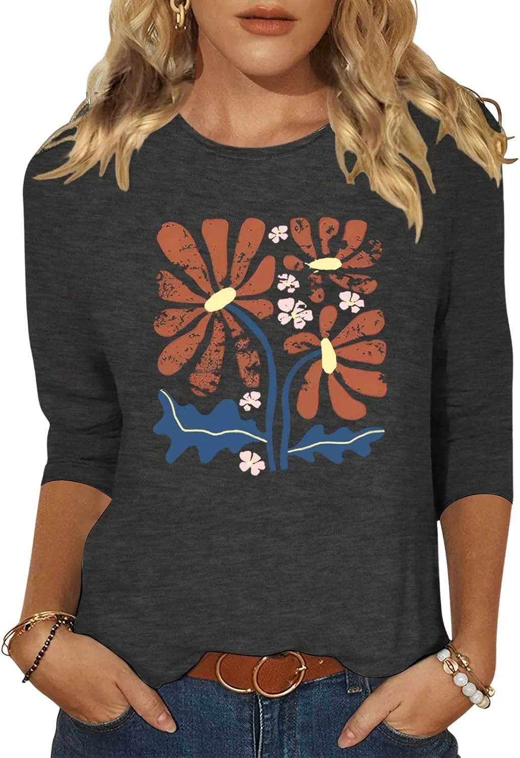Chulianyouhuo Womens 3/4 Sleeve T Shirt Sunflower Graphic Tees Dandelion Flower Print Summer Casual Tops Blouse