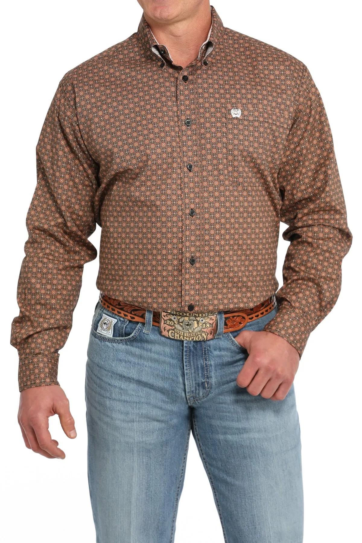 Cinch Men's Brown/Black Geometric Print Stretch Button-Down Shirt