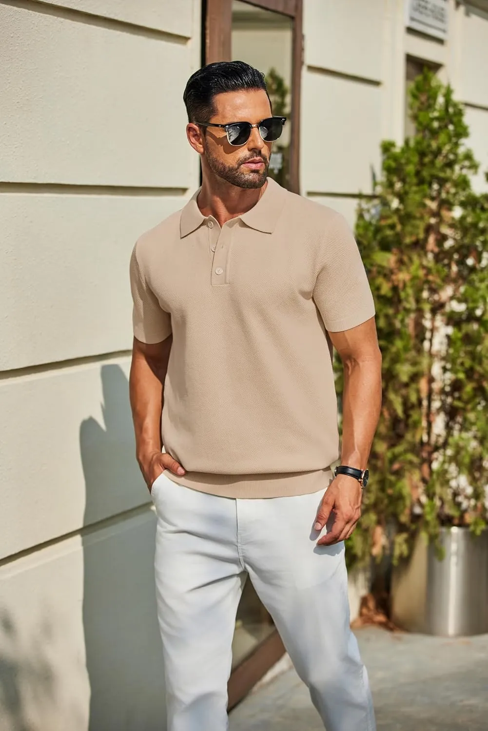 COOFANDY Mens Knit Polo Shirts Short Sleeve Classic Fit Shirts Casual Goft Collared Textured T Shirt