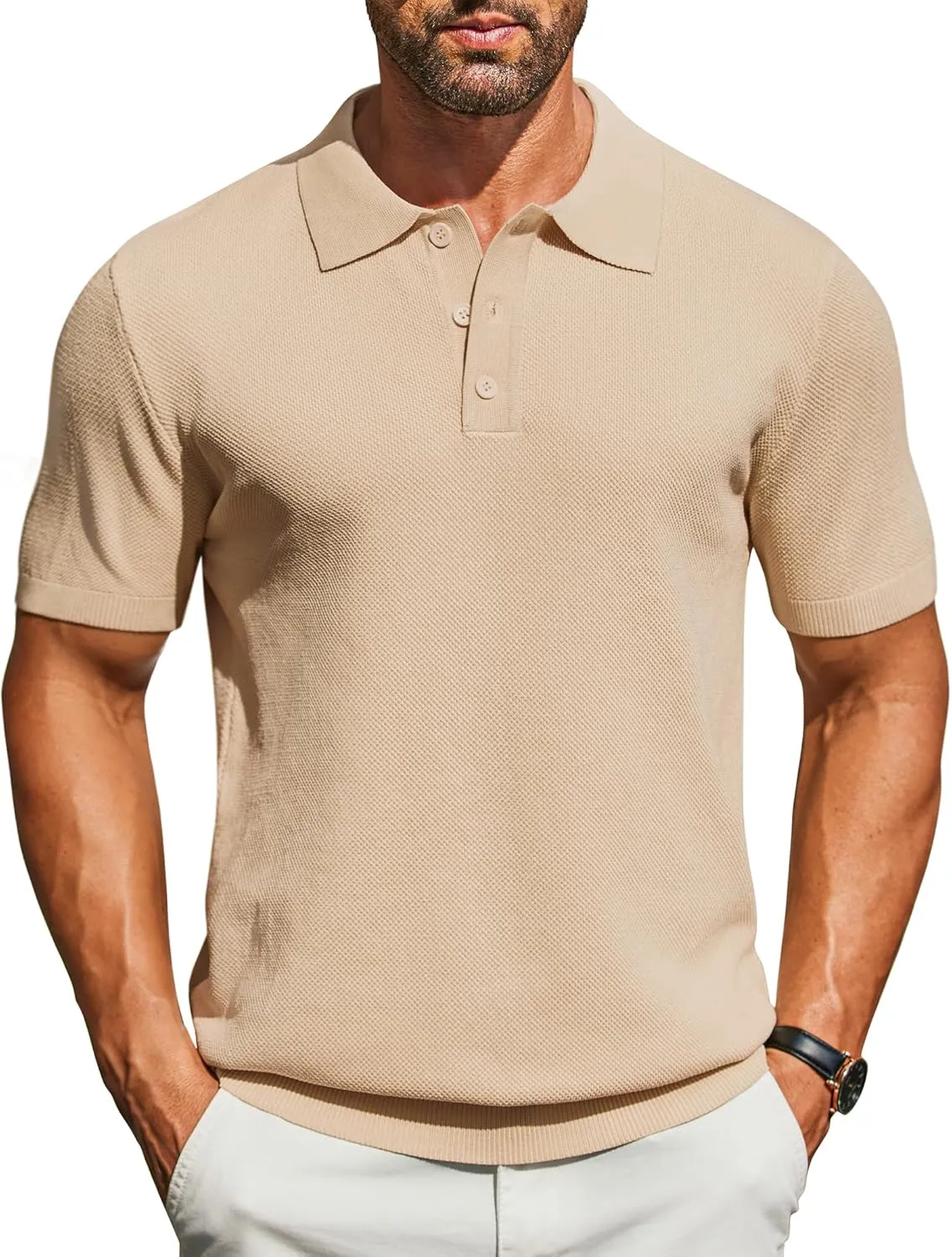 COOFANDY Mens Knit Polo Shirts Short Sleeve Classic Fit Shirts Casual Goft Collared Textured T Shirt