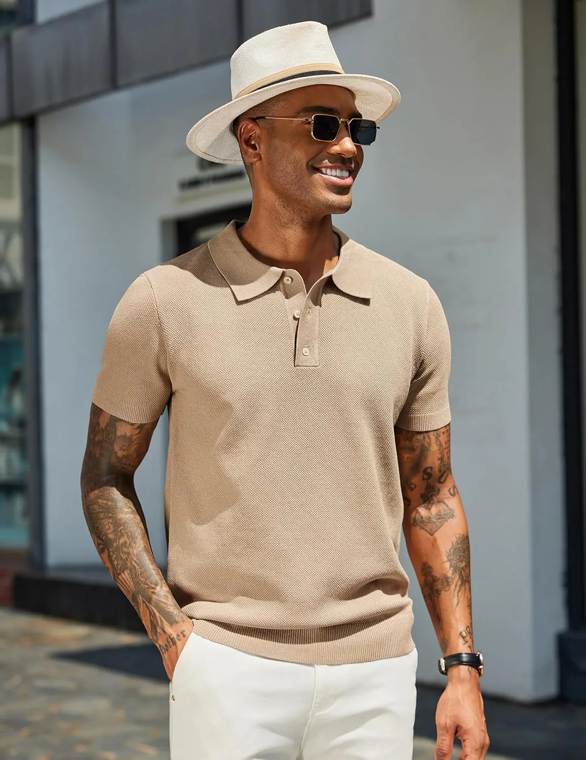 COOFANDY Mens Knit Polo Shirts Short Sleeve Classic Fit Shirts Casual Goft Collared Textured T Shirt