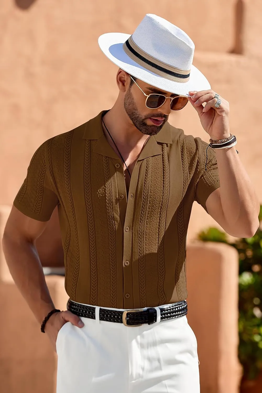 COOFANDY Men's Knit Shirts Vintage Short Sleeve Button Down Shirt Casual Summer Beach Shirt
