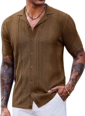 COOFANDY Men's Knit Shirts Vintage Short Sleeve Button Down Shirt Casual Summer Beach Shirt