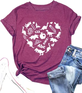 Dinosaur Shirts Women Funny Teacher Kindergarten T Shirt Heart Graphic Teaching Life Tee Tops Back to School Gifts