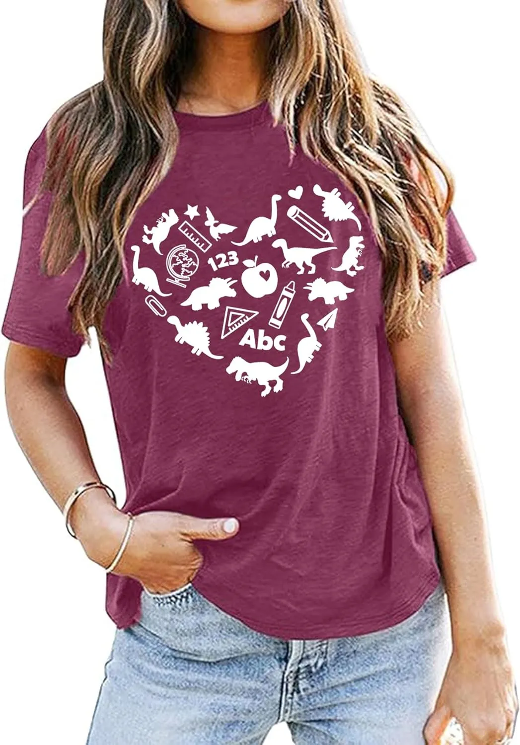 Dinosaur Shirts Women Funny Teacher Kindergarten T Shirt Heart Graphic Teaching Life Tee Tops Back to School Gifts