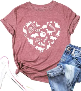 Dinosaur Shirts Women Funny Teacher Kindergarten T Shirt Heart Graphic Teaching Life Tee Tops Back to School Gifts