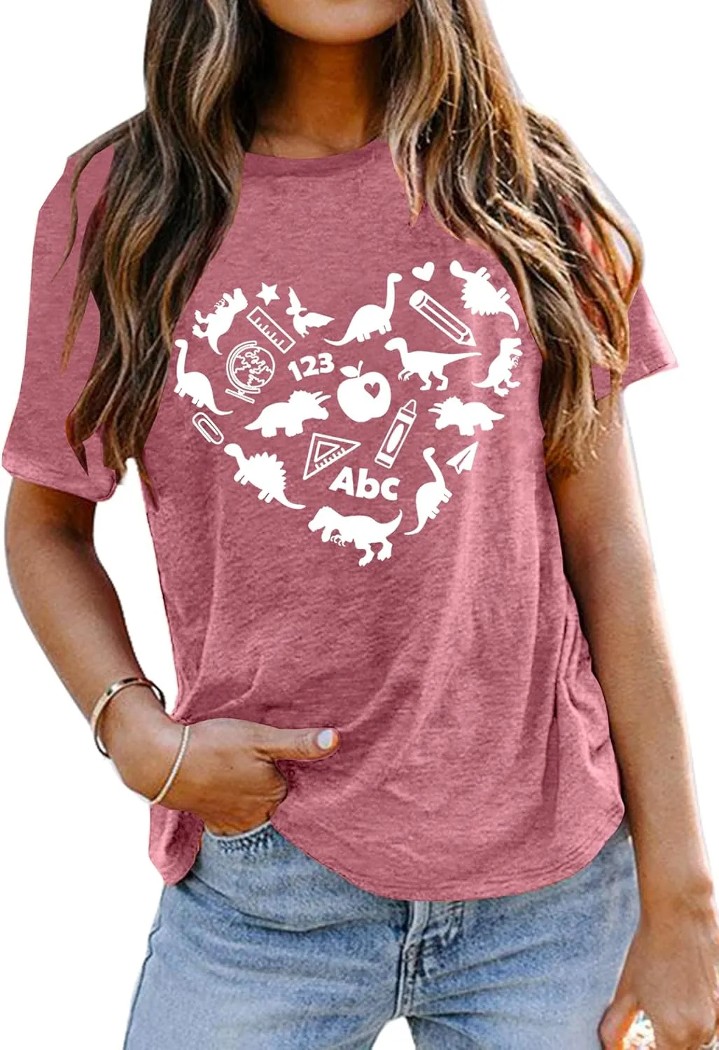 Dinosaur Shirts Women Funny Teacher Kindergarten T Shirt Heart Graphic Teaching Life Tee Tops Back to School Gifts