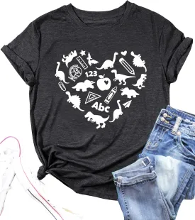 Dinosaur Shirts Women Funny Teacher Kindergarten T Shirt Heart Graphic Teaching Life Tee Tops Back to School Gifts