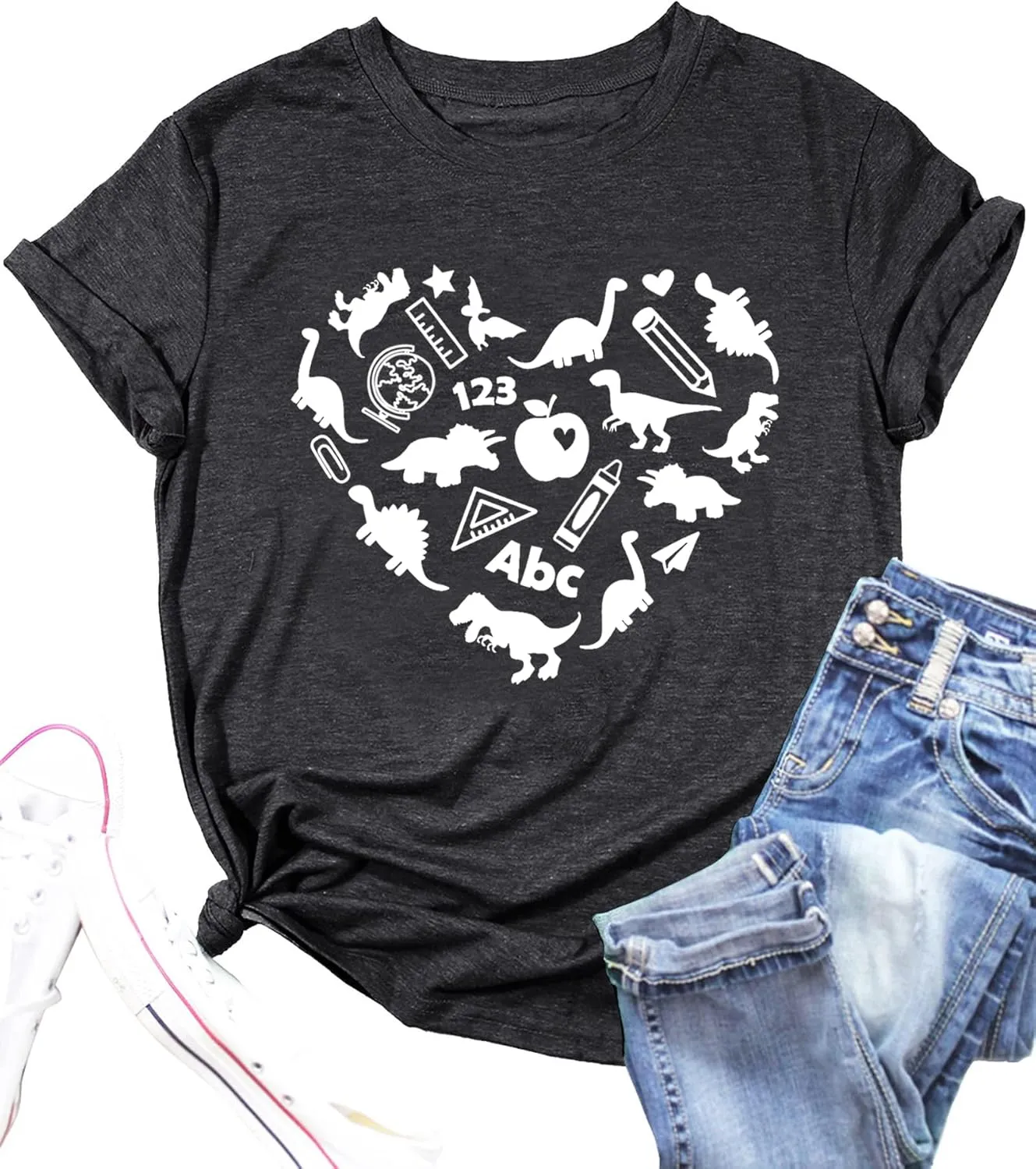Dinosaur Shirts Women Funny Teacher Kindergarten T Shirt Heart Graphic Teaching Life Tee Tops Back to School Gifts