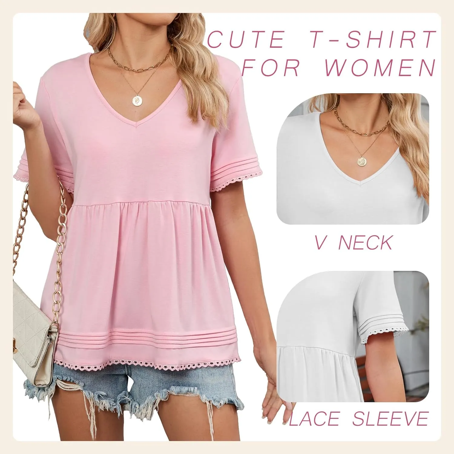 Famulily Womens V Neck Short Sleeve Shirts Lace Trim Babydoll Loose Peplum Tunic Tops