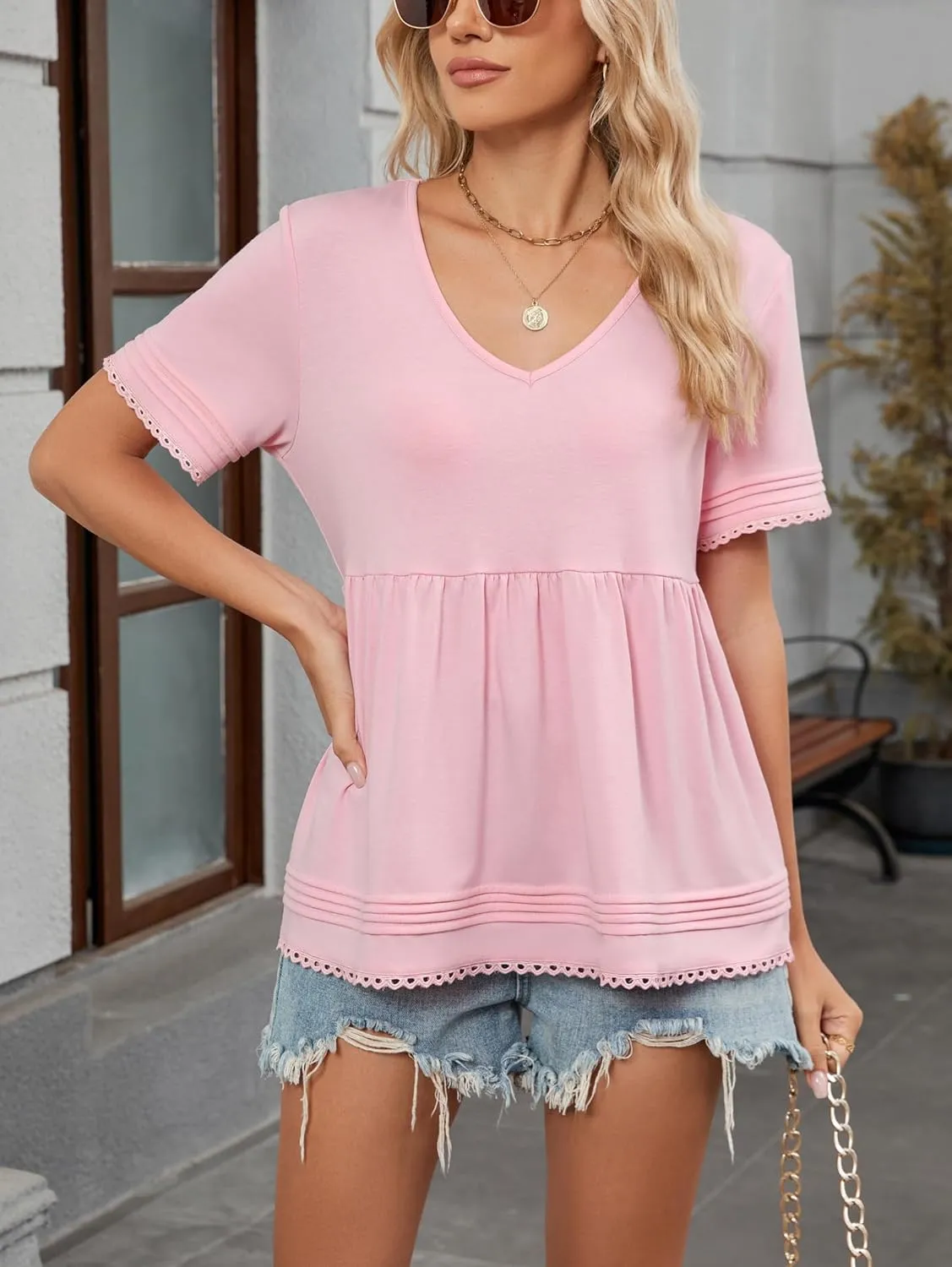 Famulily Womens V Neck Short Sleeve Shirts Lace Trim Babydoll Loose Peplum Tunic Tops