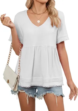 Famulily Womens V Neck Short Sleeve Shirts Lace Trim Babydoll Loose Peplum Tunic Tops