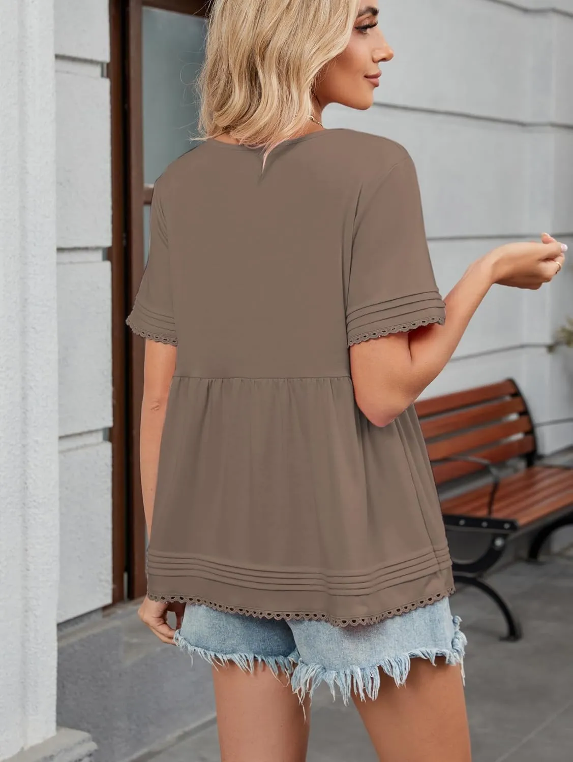 Famulily Womens V Neck Short Sleeve Shirts Lace Trim Babydoll Loose Peplum Tunic Tops