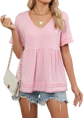 Famulily Womens V Neck Short Sleeve Shirts Lace Trim Babydoll Loose Peplum Tunic Tops