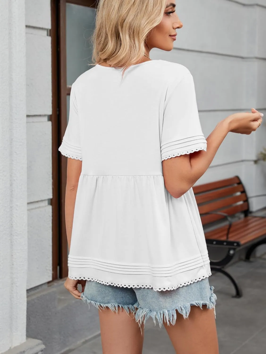 Famulily Womens V Neck Short Sleeve Shirts Lace Trim Babydoll Loose Peplum Tunic Tops
