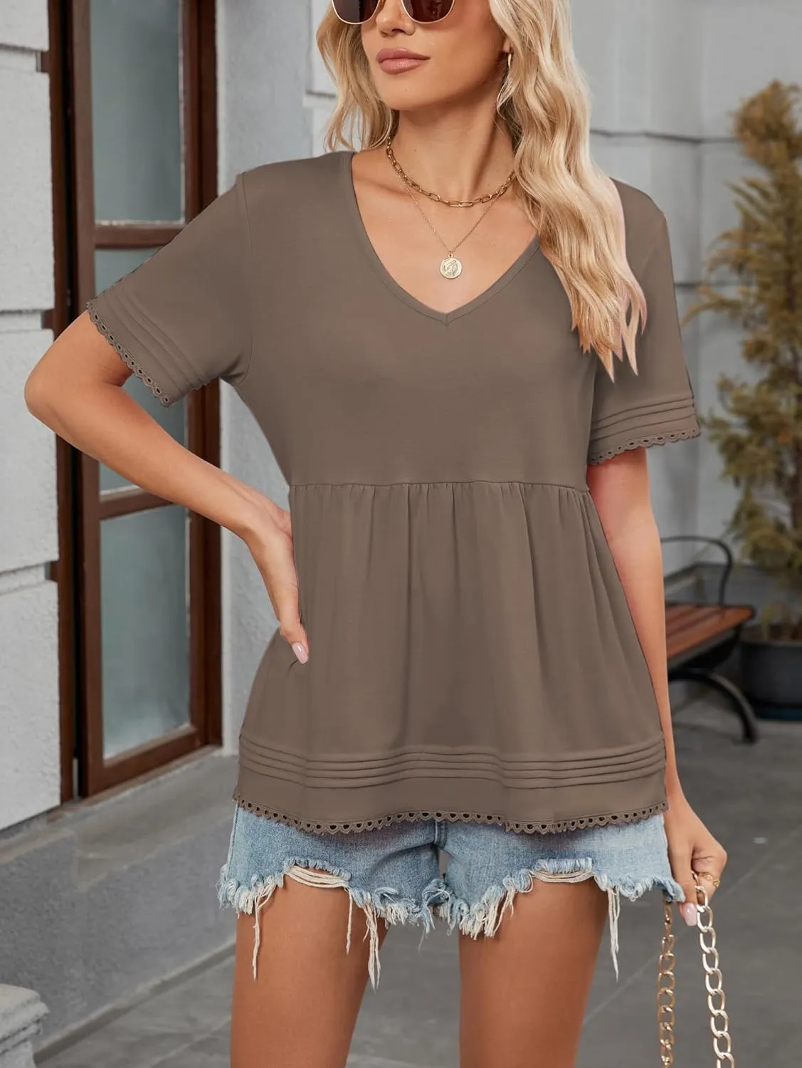 Famulily Womens V Neck Short Sleeve Shirts Lace Trim Babydoll Loose Peplum Tunic Tops