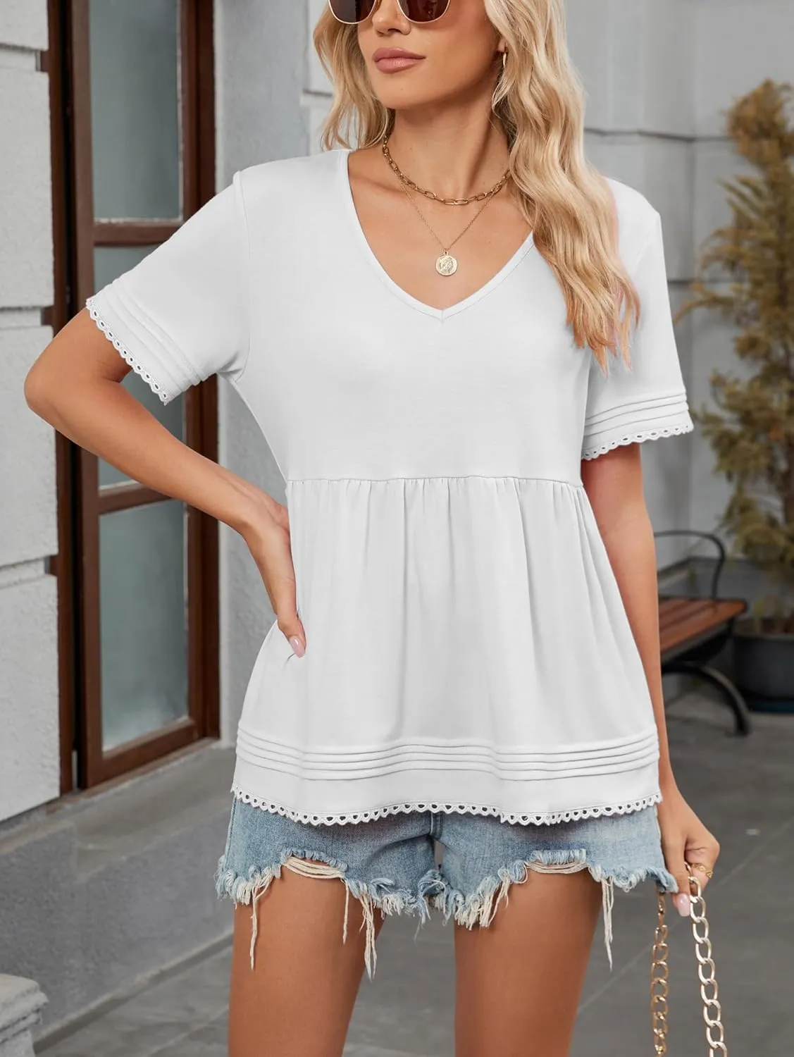 Famulily Womens V Neck Short Sleeve Shirts Lace Trim Babydoll Loose Peplum Tunic Tops