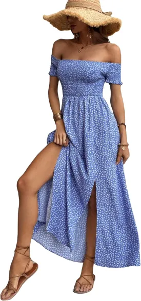 Floerns Women's Boho Ditsy Floral Print Off Shoulder Short Sleeve Split Maxi A Line Dress