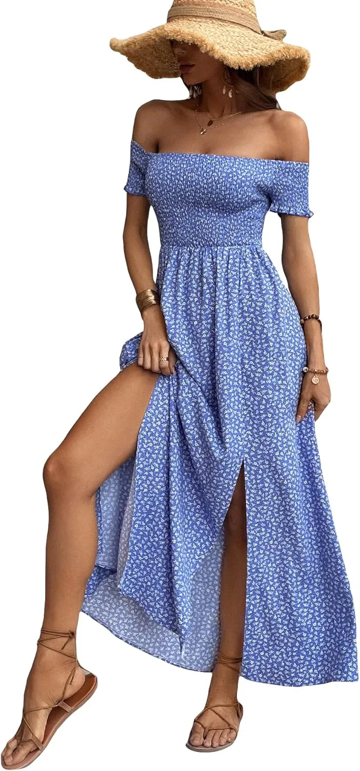 Floerns Women's Boho Ditsy Floral Print Off Shoulder Short Sleeve Split Maxi A Line Dress