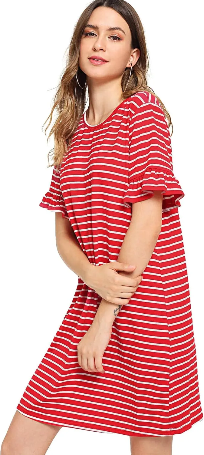 Floerns Women's Summer Casual Ruffle Short Sleeve Tunic Striped T-Shirt Dress