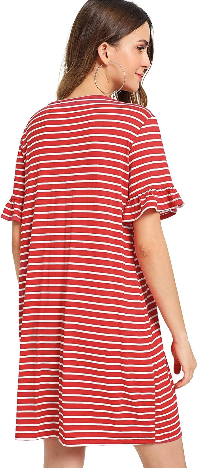 Floerns Women's Summer Casual Ruffle Short Sleeve Tunic Striped T-Shirt Dress