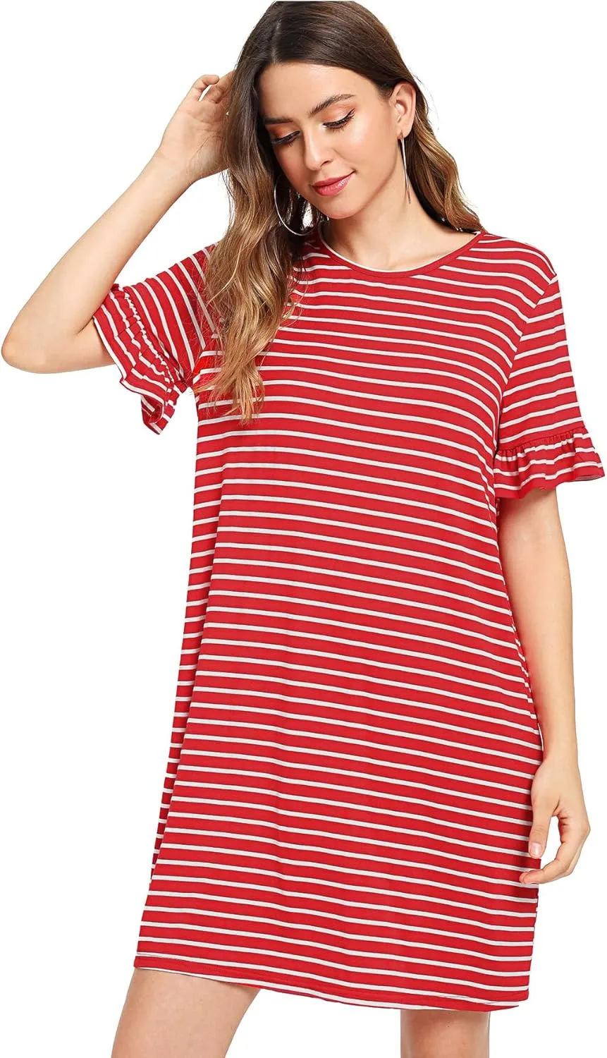 Floerns Women's Summer Casual Ruffle Short Sleeve Tunic Striped T-Shirt Dress