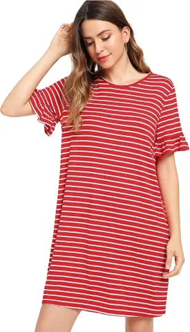 Floerns Women's Summer Casual Ruffle Short Sleeve Tunic Striped T-Shirt Dress