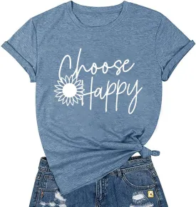 Graphic Tees for Women Choose Happy Letter Print Shirts Sunflower Women T Shirt Inspirational Short Sleeve Casual Tops