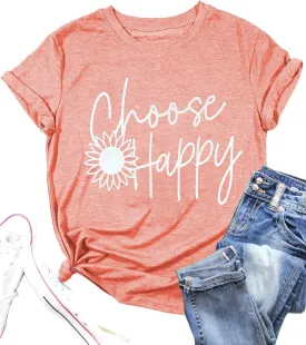 Graphic Tees for Women Choose Happy Letter Print Shirts Sunflower Women T Shirt Inspirational Short Sleeve Casual Tops
