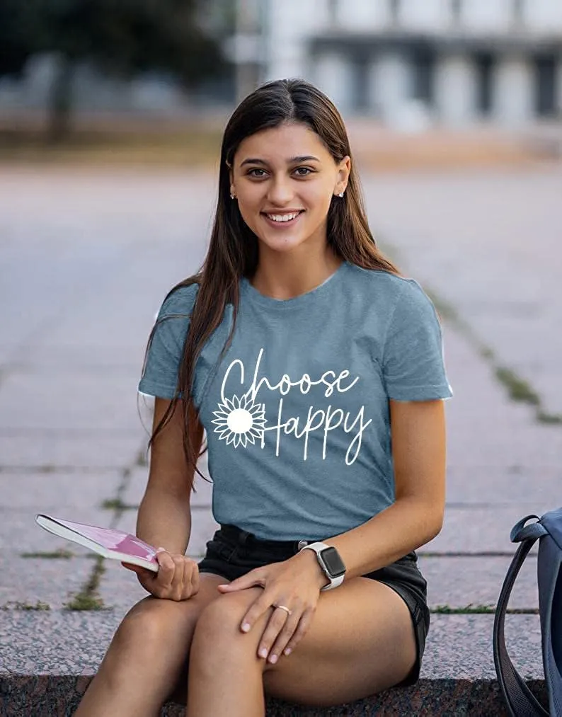 Graphic Tees for Women Choose Happy Letter Print Shirts Sunflower Women T Shirt Inspirational Short Sleeve Casual Tops
